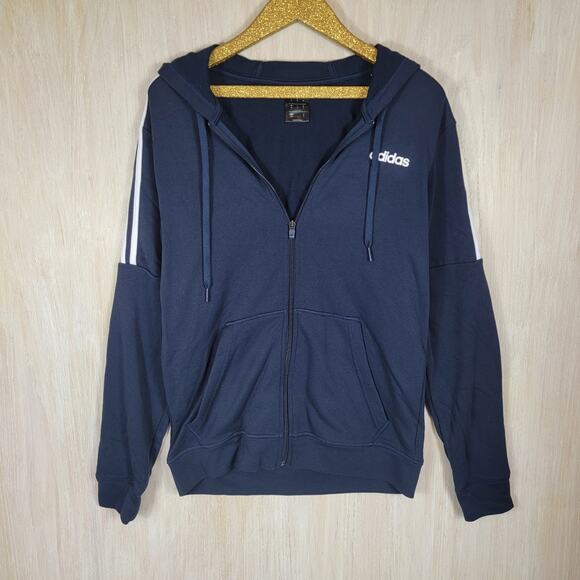 Adidas Blue 3 Stripe Full Zip French Terry Hoodie Jacket Sweater Size Medium - Picture 1 of 10